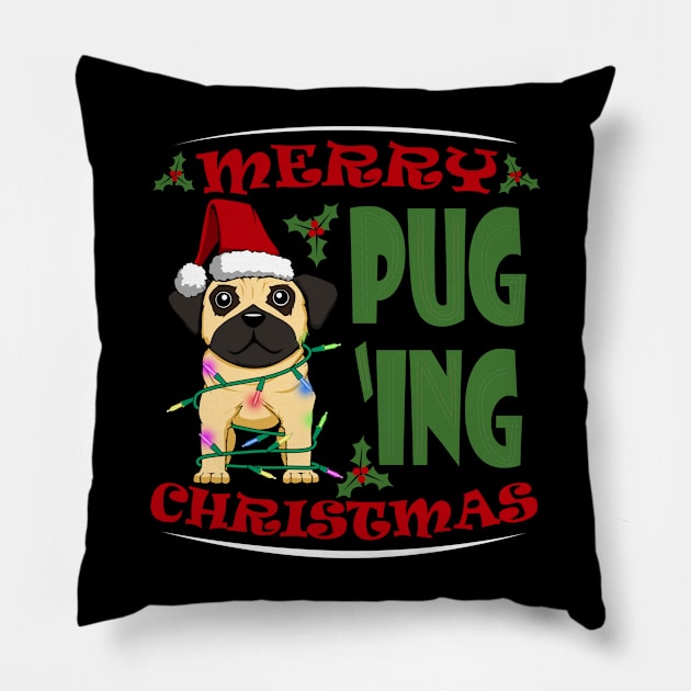 Merry Puging Christmas Cute Pug Dog Pillow by MGO Design