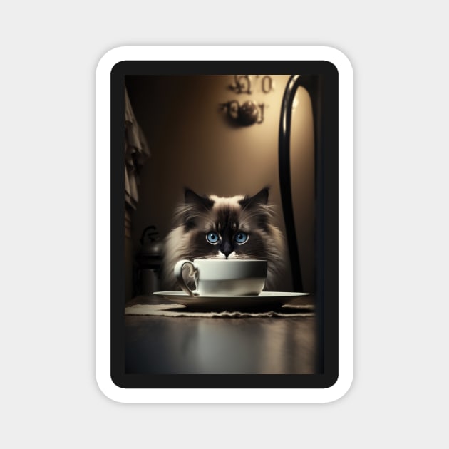 Caffeine Addiction Reaches New Heights with Tired Ragdoll Cat and Coffee Magnet by PixelProphets