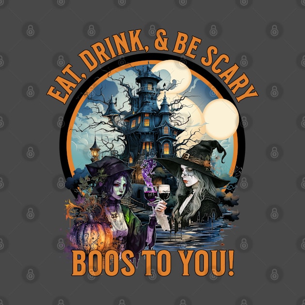 Eat, Drink, & Be Scary  Boos to You Witches Drinking Wine Halloween by Joaddo