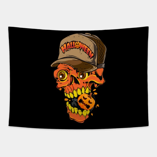 Funny Halloween Skull That Eats Pumpkin Tapestry by NI78