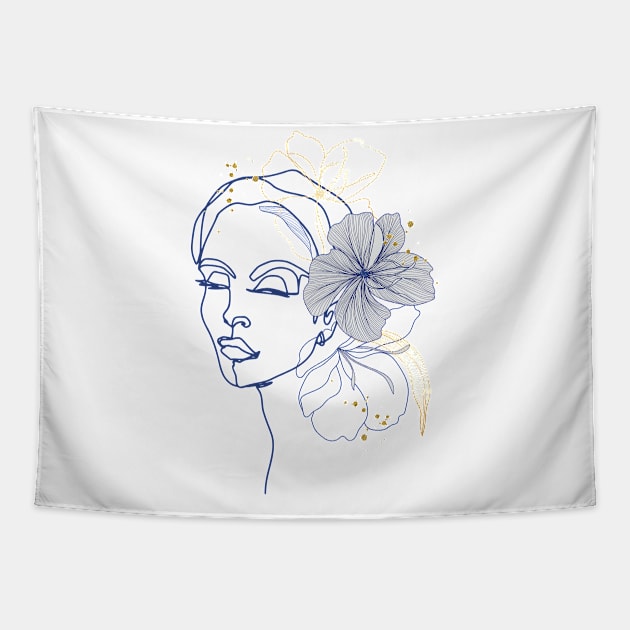 Line Art Woman With Flower Tapestry by jobieh shop