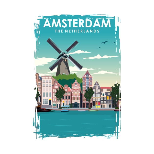 Amsterdam Holland Windmill Travel Poster by jornvanhezik