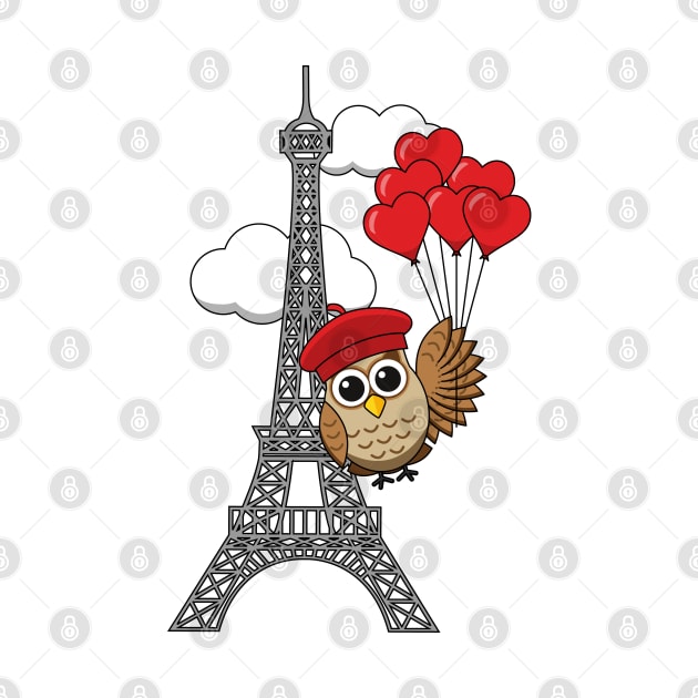 Owl Flying with Heart Balloons in Paris by BirdAtWork