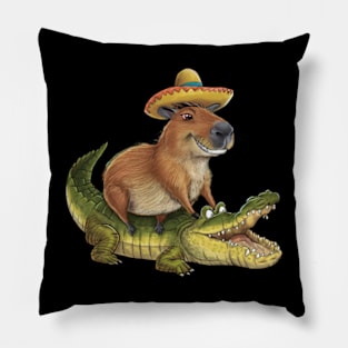 Funny Capybara Riding On a Crocodile Pillow