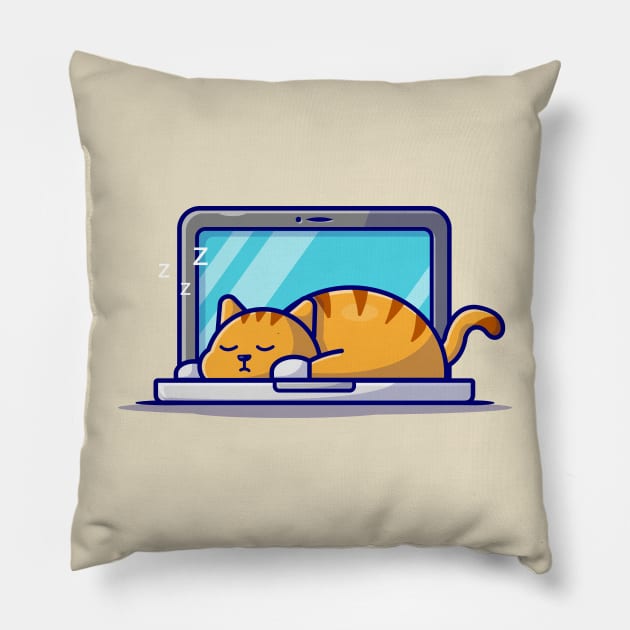 Cute Cat Sleeping On Laptop With Coffee Cup Cartoon Vector Icon Illustration (2) Pillow by Catalyst Labs