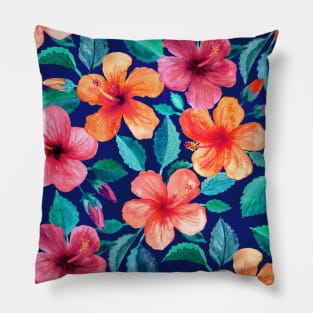 Colorful Watercolor Hibiscus on Indigo Blue Pillow