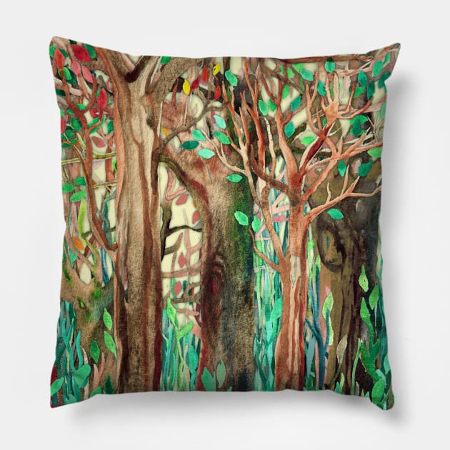 Walking through the Forest - watercolor painting collage Pillow by micklyn