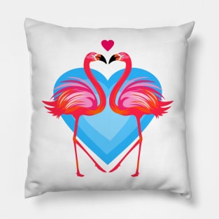 Inlove Flamingo Birds on Blue Heart Pillow