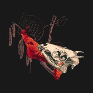 Enigmatic Escargots: Spooky Art Print Featuring Red Snail Donning Tufted Deer Skull Shell T-Shirt