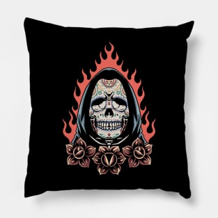 Vintage Sugar Skull Grim Reaper Pillow