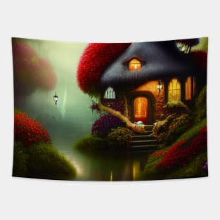 Sparkling Fantasy Cottage with Lights and Glitter Background in Forest, Scenery Nature Tapestry