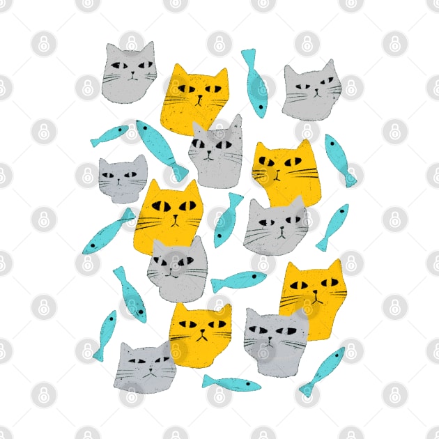 Strange grey and yellow cats with black eyes and blue fish by iulistration