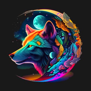 Psychedelic Abstract Spirit Wolf Design T-Shirt