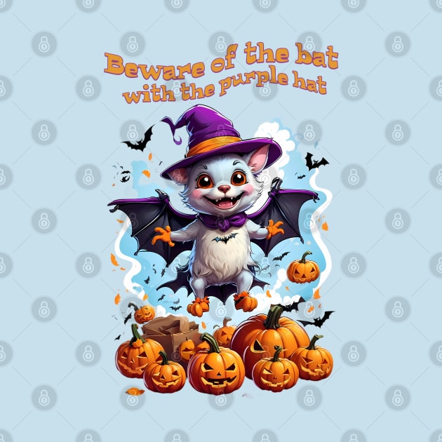 Funny Halloween bat lands on a pumpkin patch by BrisaArtPrints