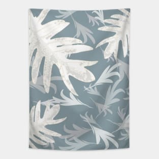 Trio palm leaves White on blue 2, pale-blue , tropical fall TeePublic Tapestry