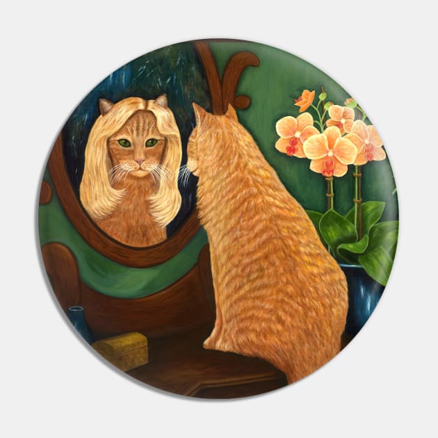 Ginger Cat Looking in Mirror with Blonde Wig Pin by KarenZukArt