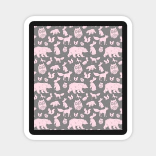 Grey Light Pink Forest Animals Fox Bear Owl Bunny Magnet