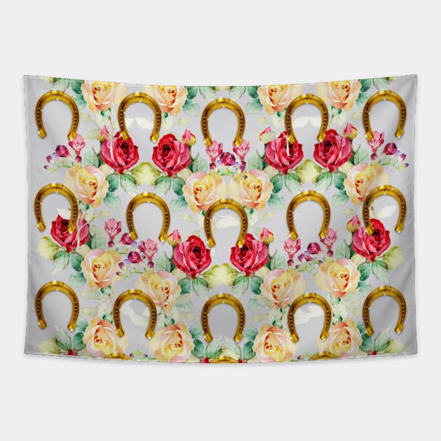 Pattern. Roses and Gold Horseshoes Tapestry by KC Morcom aka KCM Gems n Bling aka KCM Inspirations