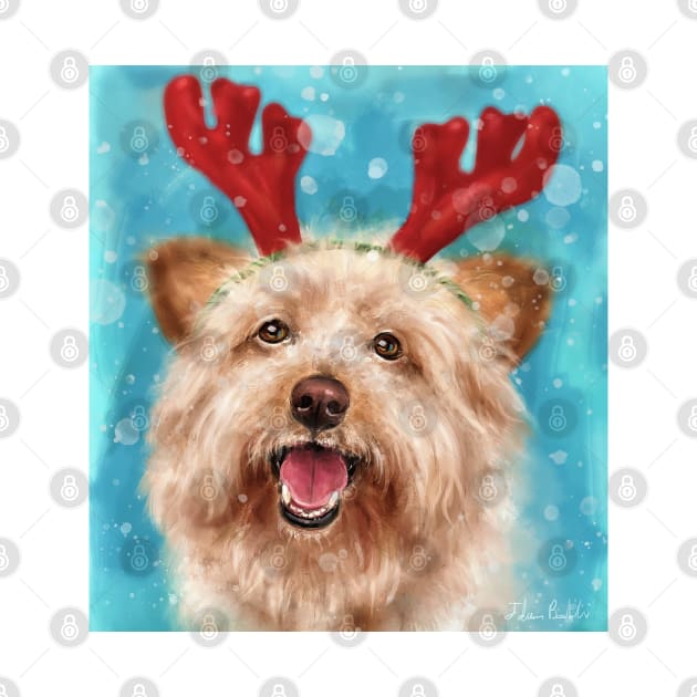 Painting of an Adorable Smiling Yorkshire Terrier with Red Antlers for Christmas by ibadishi