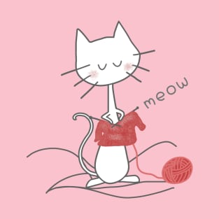 White Knitting Cat - Soft Pink T-Shirt