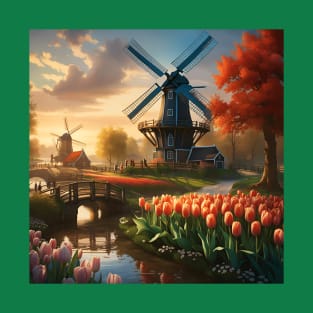 Windmill in Dutch Countryside by River with Tulips T-Shirt