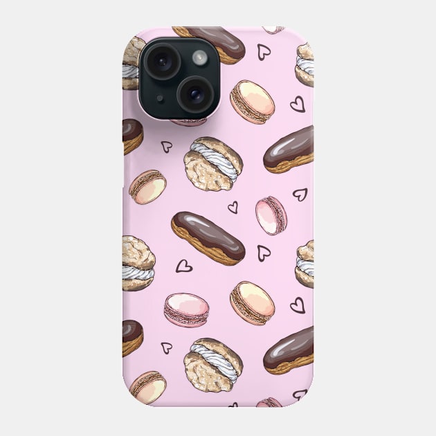 Bakery pattern, macarons, eclairs, muffins, mask, pink mask, pink face mask Phone Case by crocozen