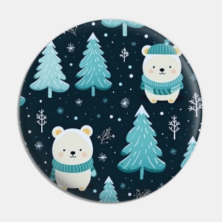 Blue Green White Winter Pattern With Cute Polar Bears, Christmas Trees And Snowflakes Pin