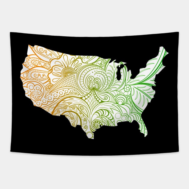 Colorful mandala art map of the United States of America in green and orange on white background Tapestry by Happy Citizen