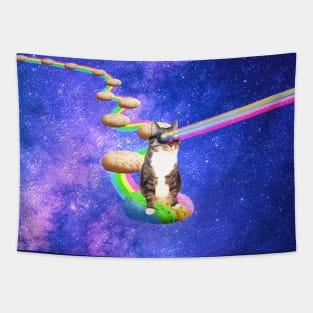 Cute tabby cat in outer space shooting cool rainbows from the sunglasses Tapestry