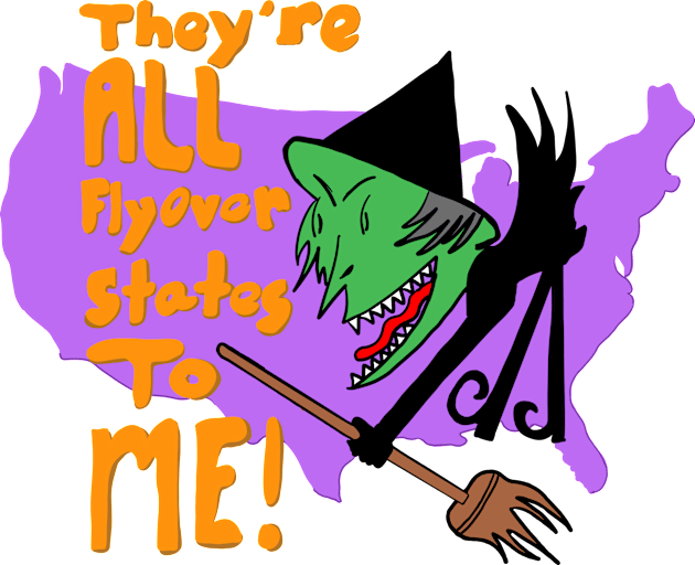 “They’re ALL Flyover States to ME!” Witch Cartoon Political Halloween Humor Kids T-Shirt by KennethJoyner