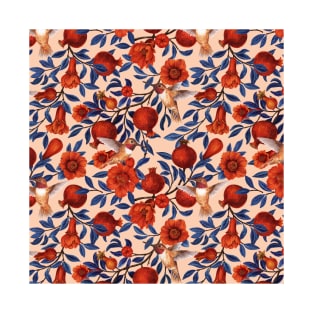 Pomegranates and hummingbirds, blue, red and apricot T-Shirt
