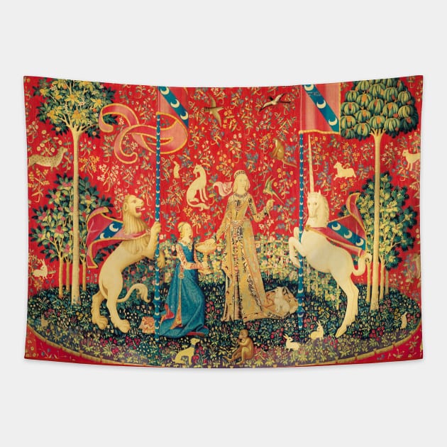 LADY AND UNICORN Taste, Red Green Fantasy Flowers,Animals Tapestry by BulganLumini