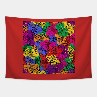 Colorful Tropical Monstera Deliciosa Plant Line Art On Black Pattern Tapestry