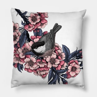 Chickadee on a blooming cherry branch Pillow