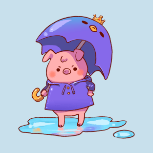 Pissed Pudgy Pig in a Purple Poncho with a Penguin Umbrella T-Shirt