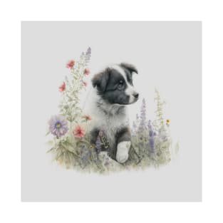 Border Collie Baby Puppy Dog Gray Watercolor Floral Art #2 T-Shirt