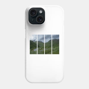 Wonderful landscapes in Norway. Vestland. Beautiful scenery of houses with grass roof. Norwegian traditional architecture Mountains, trees and snow in background. Cloudy day Phone Case