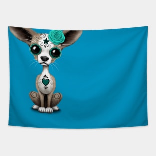 Teal Blue Day of the Dead Sugar Skull Chihuahua Puppy Tapestry