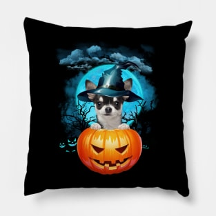 Black Chihuahua Witch Hat Pumpkin And Blue Moon Halloween Pillow