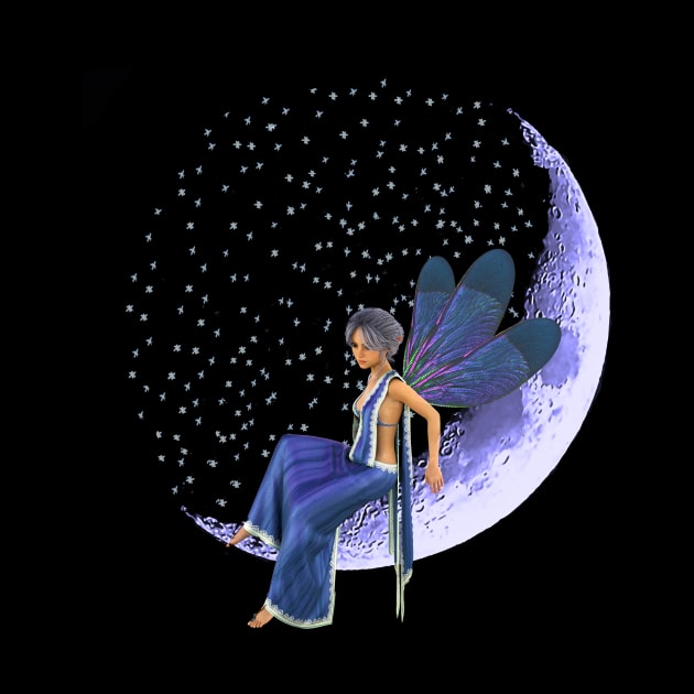 Fairy faerie elf sitting on sickle moon with stars in blue dress by Fantasyart123