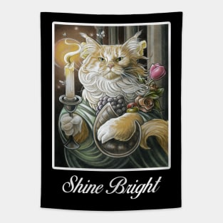 Candle Light Cat - Shine Bright Quote - White Outlined Version Tapestry