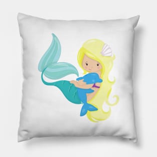 Cute Mermaid, Little Mermaid, Blonde Hair, Dolphin Pillow