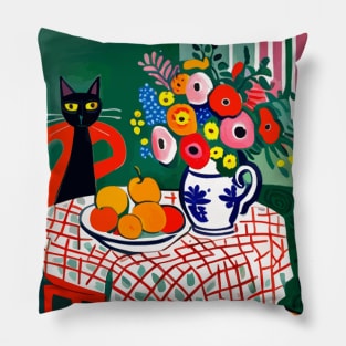 Cute Black Cat with Flowers in a Vase Pillow