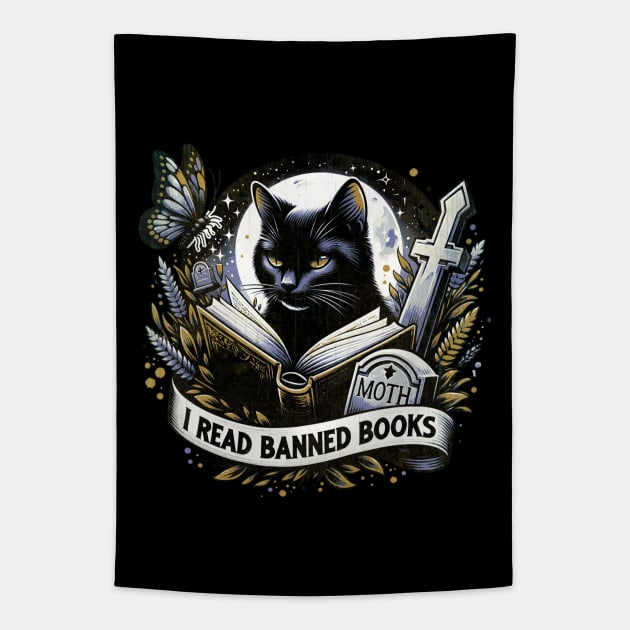 Black Cat reading a bunned books, pop grunge style, cemetery, gothic atmosphere, cats and books lovers Tapestry by Collagedream