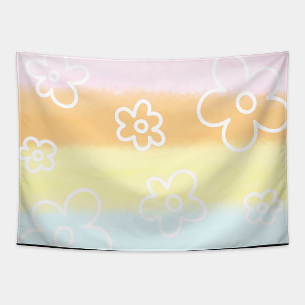 Pastel Rainbow with White Outlined Flower Cartoons, made by EndlessEmporium Tapestry by EndlessEmporium