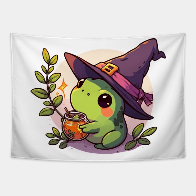 Kawaii witchy frog tea party Tapestry by TomFrontierArt