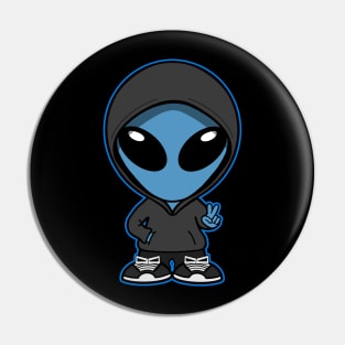 Hooded Space Alien Peace Hand Sign Blue Pin