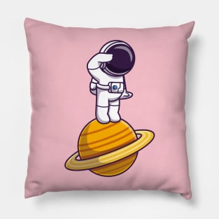 Astronaut Standing On Planet Cartoon Pillow