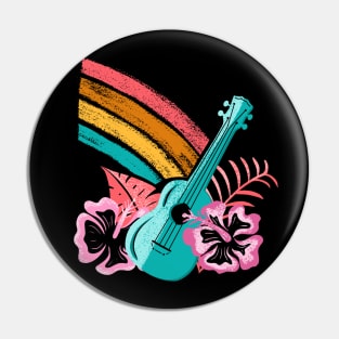 Tropical Ukulele Rainbow Hibiscus Flowers Hawaiian Island Paradise Pin