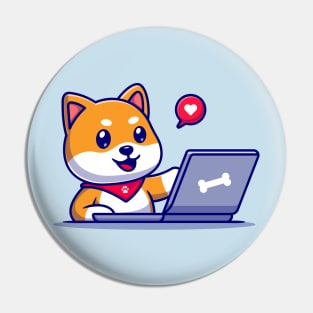 Cute Shiba Inu Dog Working On Laptop Cartoon Pin